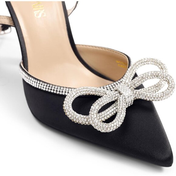 🆕 Women Black Ankle Strap Sparkly Bow Shine Star Wrap-Around High-Heel Pumps - Picture 5 of 8